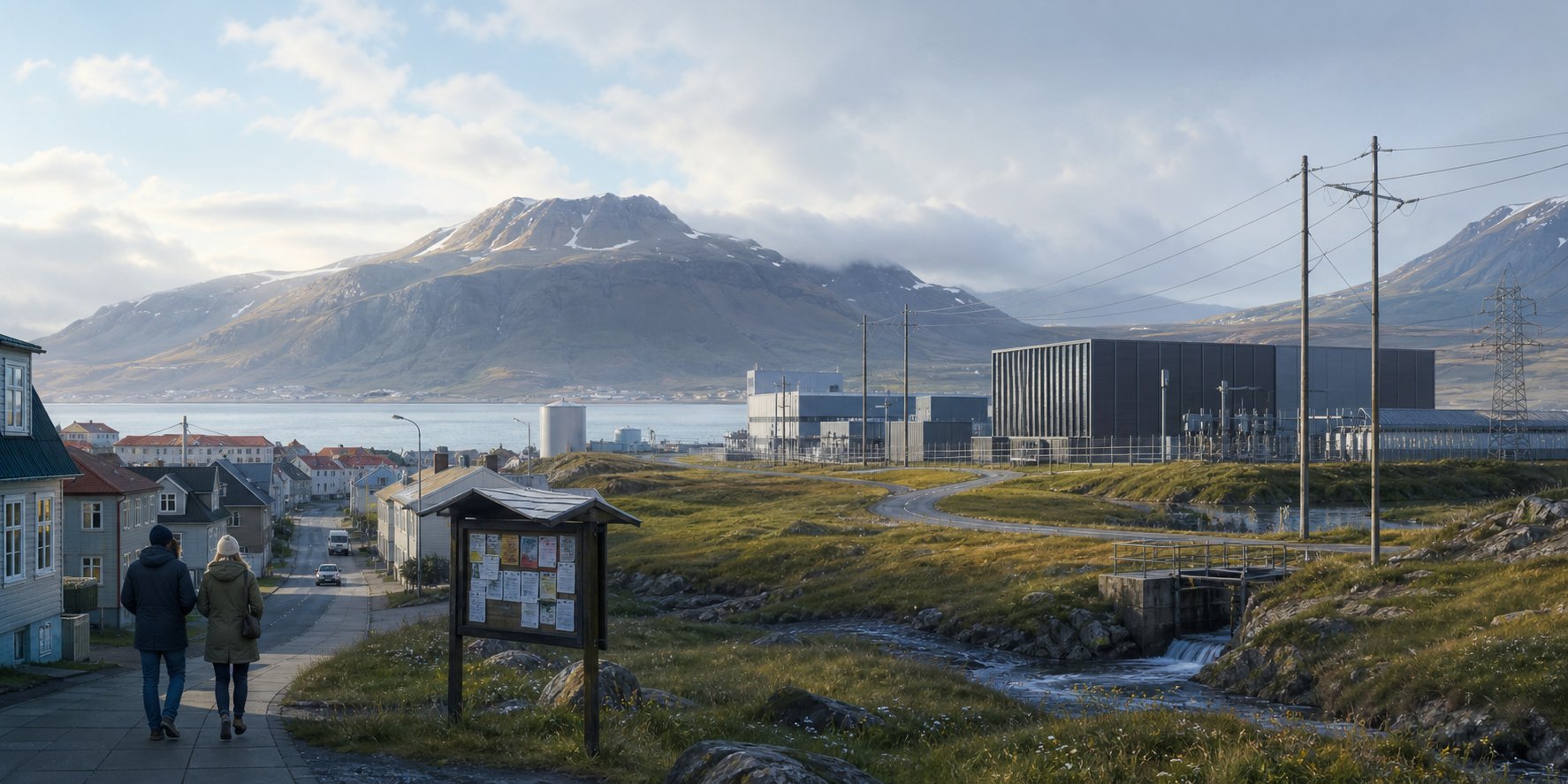 Town beside AI infrastructure, power lines, and water systems