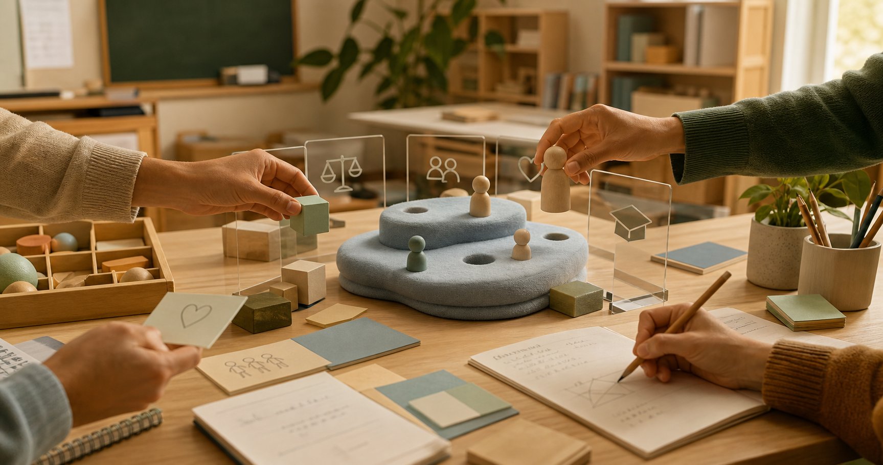 Hands shaping a learning environment with blocks and transparent panels