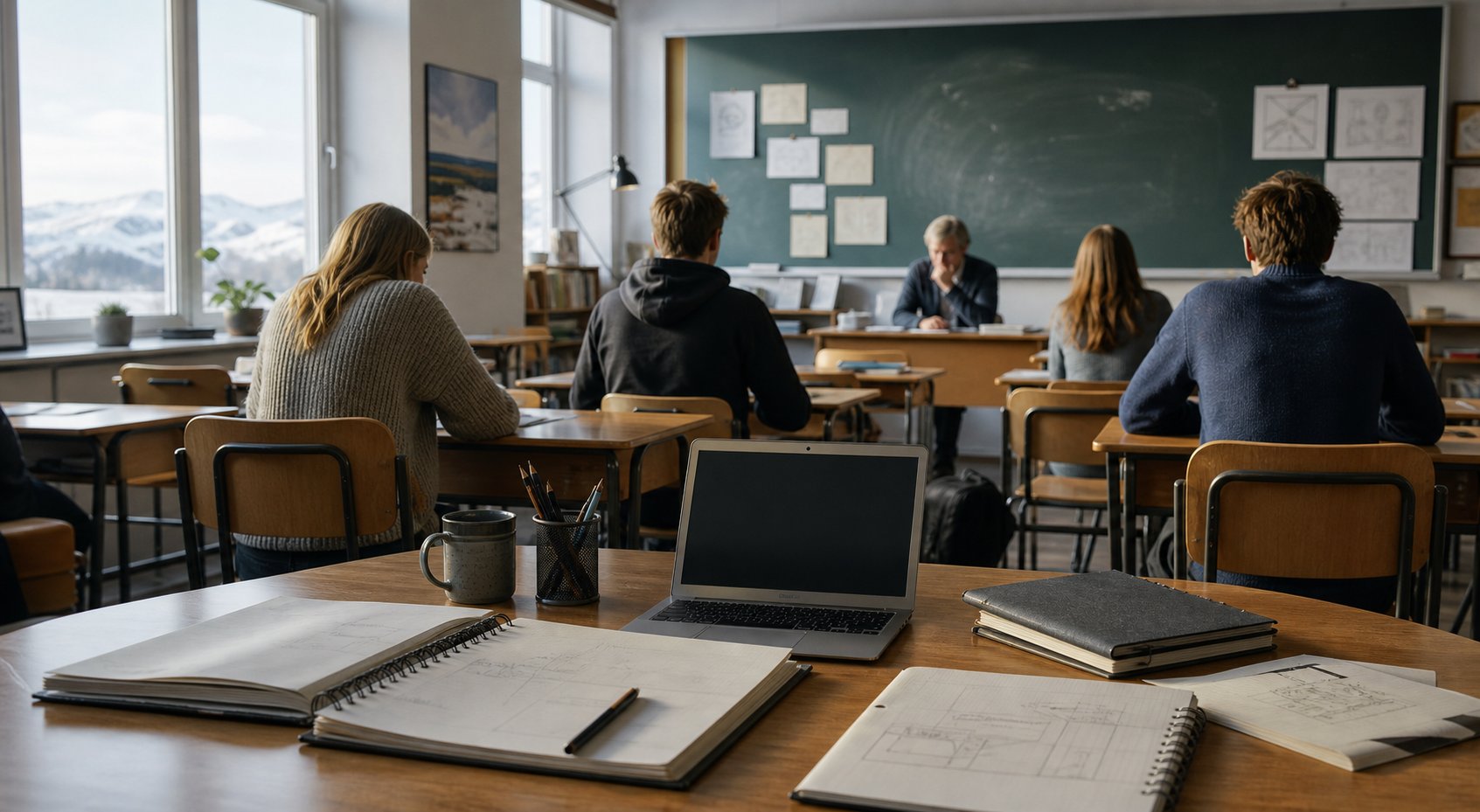 Classroom with notebooks and a blank laptop in the foreground