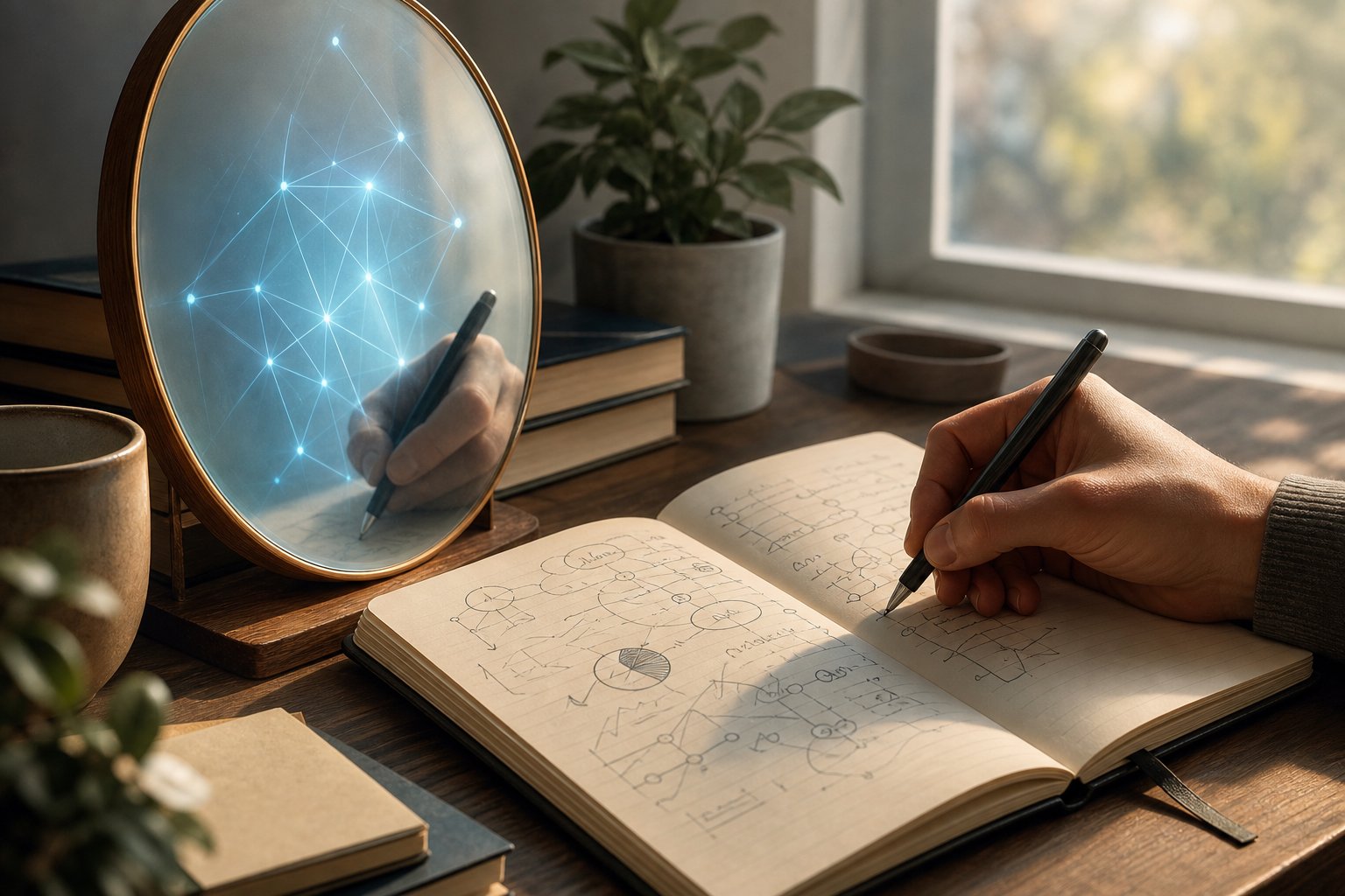 Notebook and pen reflected beside a soft AI-like light pattern