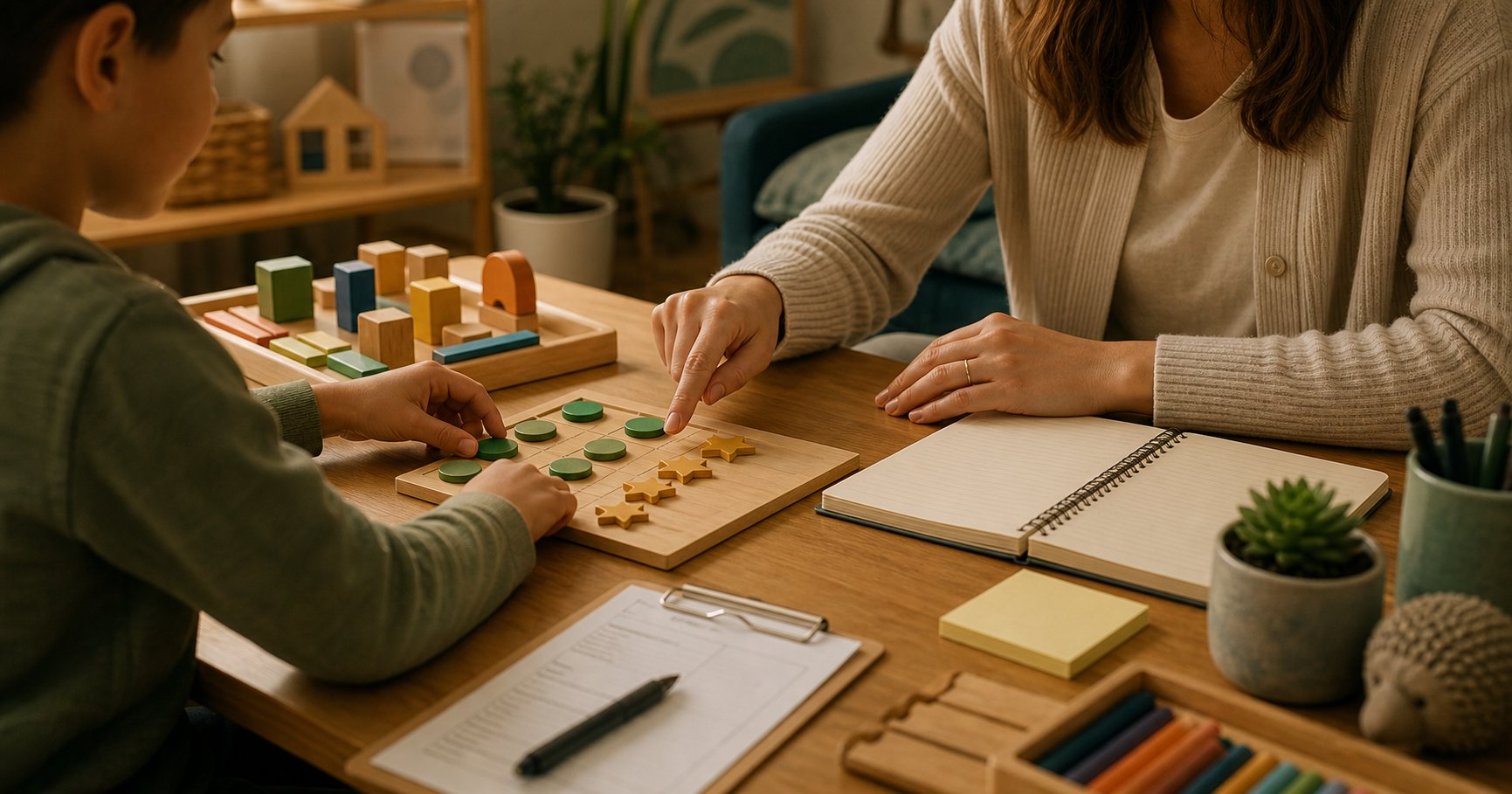 Warm learning environment with blocks, notes, and calm adult support