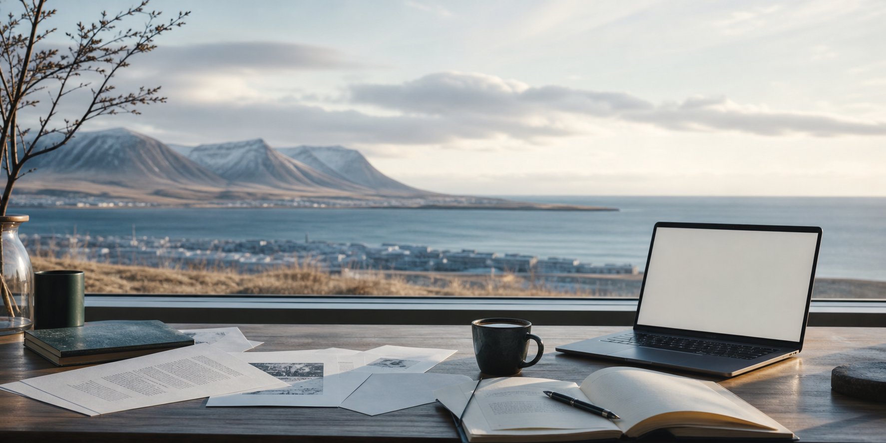 Writing desk overlooking an Icelandic coastal town and mountains